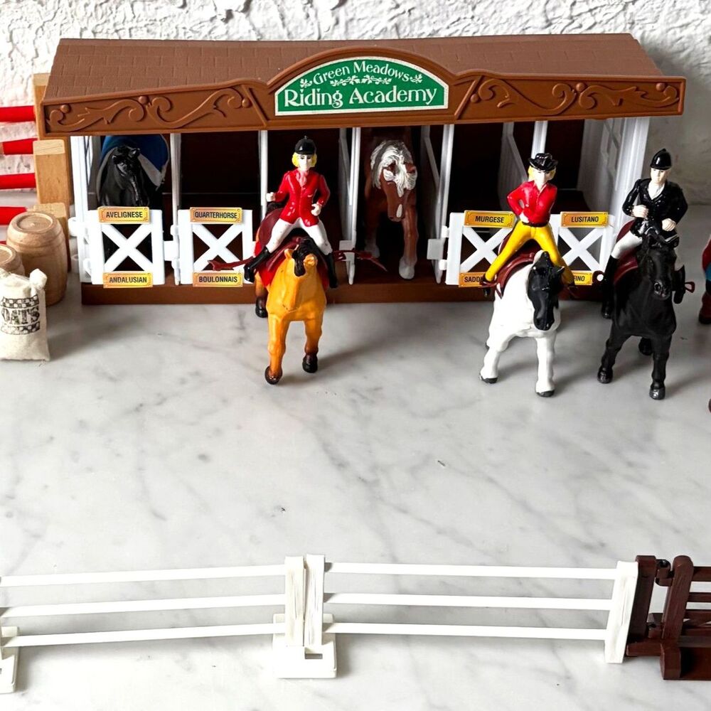 Green Meadows Riding Academy Stable with Horses - Riders - Corral - Accessories
